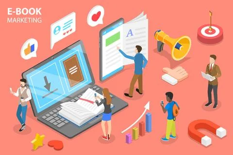 3D Isometric Flat Vector Conceptual Illustration of E-book Marketing Campaign. Illustrazione stock