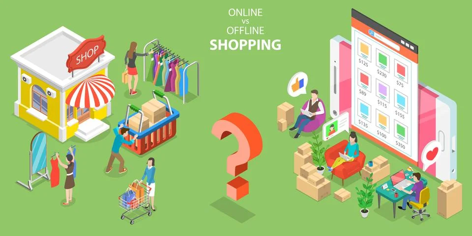 3D Isometric Flat Vector Conceptual Illustration of Online vs Ofline Shoppping. Stock Illustration