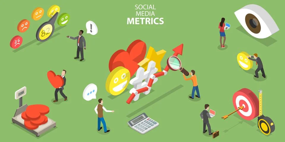 3D Isometric Flat Vector Conceptual Illustration of Social Media Metrics. Stock Illustration