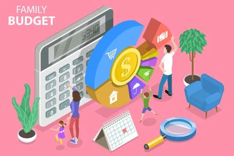 3D Isometric Flat Vector Conceptual Illustration of Family Budget Management. Stock Illustration