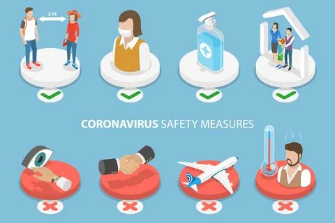 3D Isometric Flat Vector Conceptual Illustration of Covid 19 Safety Measures. Stock Illustration