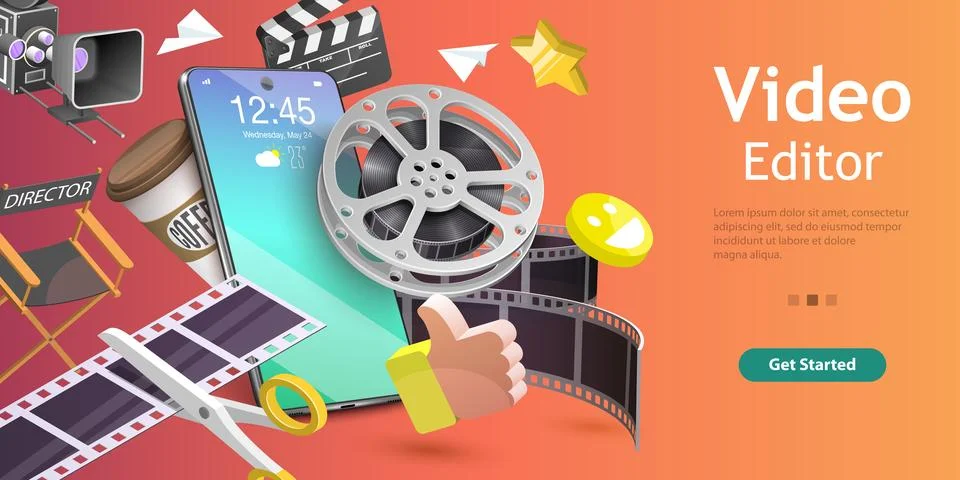 3D Isometric Flat Vector Conceptual Illustration of Mobile Video Editing App. Stock Illustration