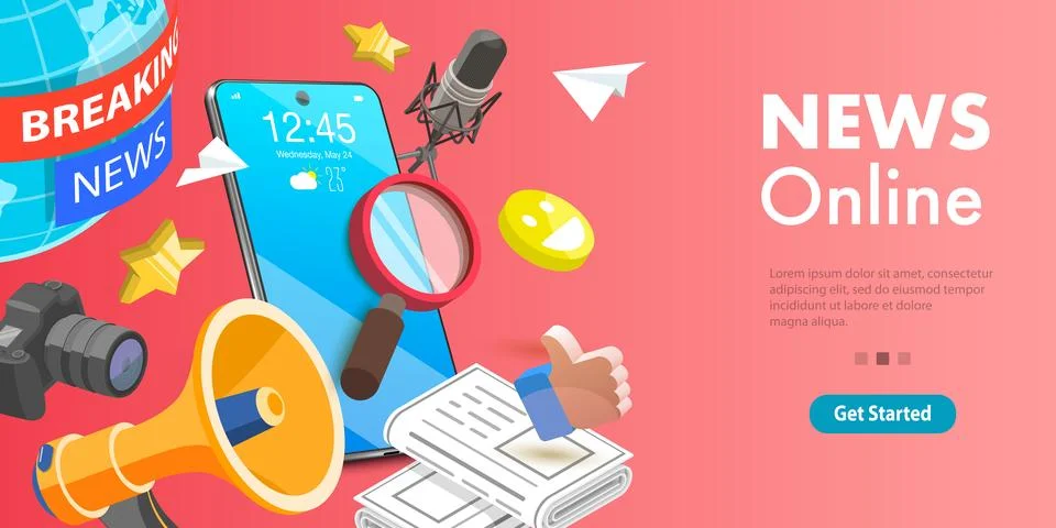 3D Isometric Flat Vector Conceptual Illustration of Online News App. Stock Illustration