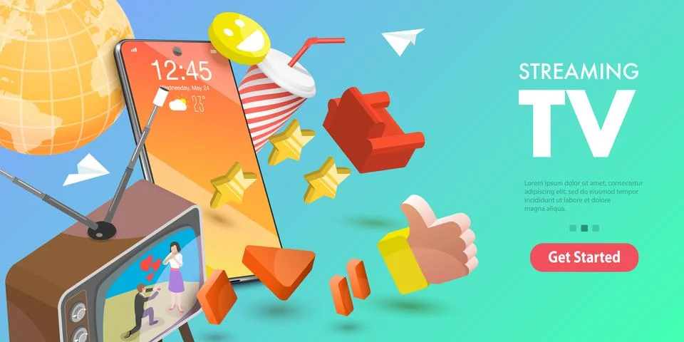 3D Isometric Flat Vector Conceptual Illustration of Mobile Streaming TV. Stock Illustration