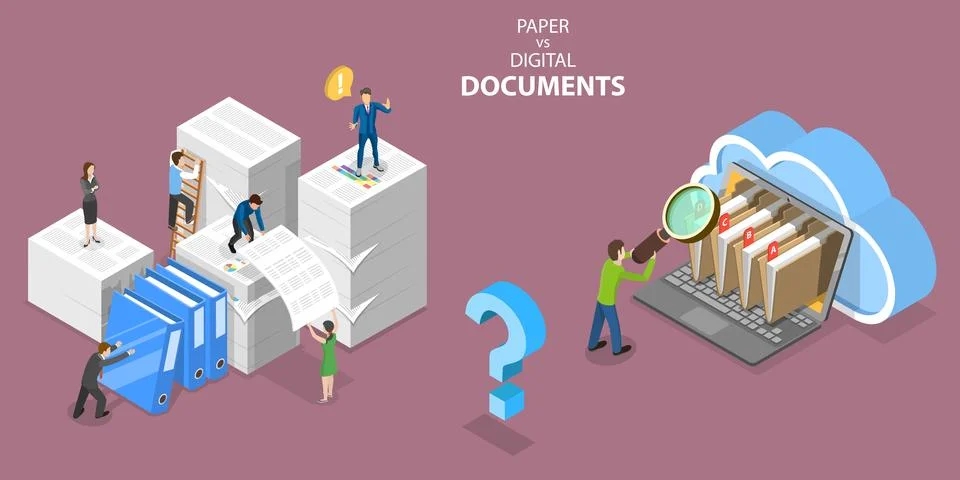 3D Isometric Flat Vector Conceptual Illustration of Paper VS Digital Documents. Stockillustratie