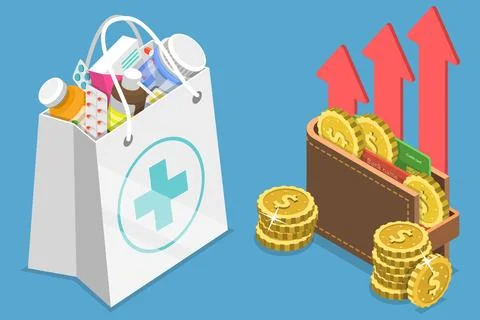 3D Isometric Flat Vector Conceptual Illustration of Rising Health Care Costs Stock Illustration
