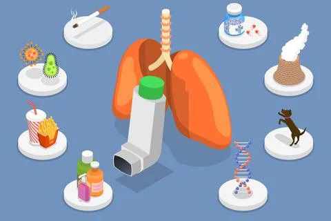3D Isometric Flat Vector Conceptual Illustration of Bronchial Asthma Causes Stock Illustration