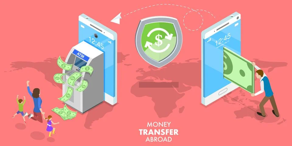 3D Isometric Flat Vector Conceptual Illustration of Transfer Money Abroad Stock Illustration