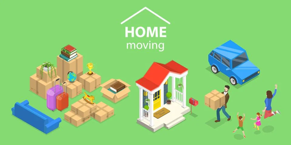 3D Isometric Flat Vector Conceptual Illustration of House Moving. Stock Illustration