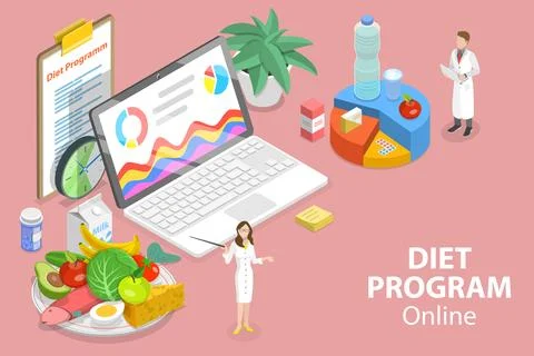 3D Isometric Flat Vector Conceptual Illustration of Online Diet Program. Illustrazione stock