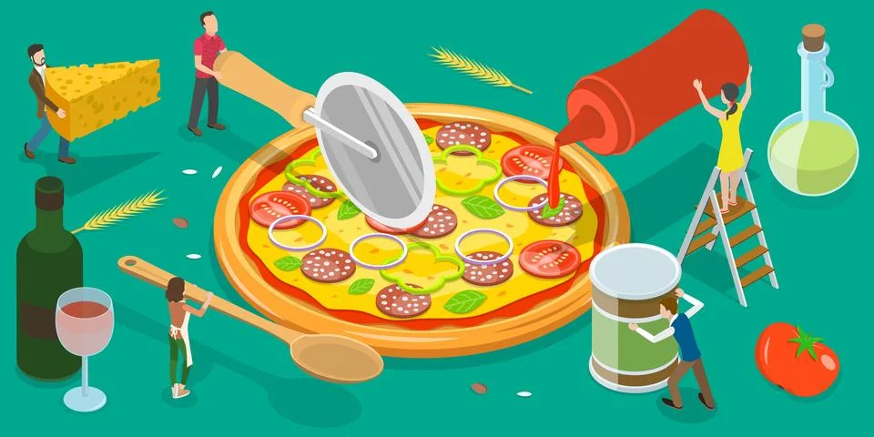 3D Isometric Flat Vector Conceptual Illustration of Pizza Cooking. Stock Illustration