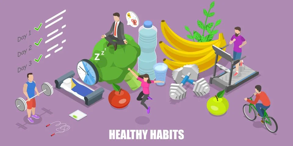 3D Isometric Flat Vector Conceptual Illustration of Healthy Habits, Exercising. Stock Illustration