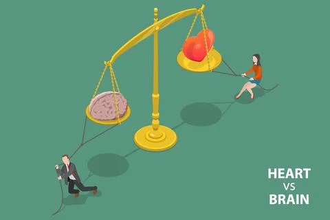 3D Isometric Flat Vector Conceptual Illustration of Brain vs Heart. Illustrazione stock