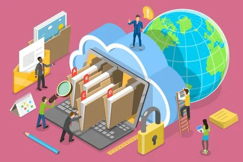 3D Isometric Flat Vector Conceptual Illustration of Document Management System. Stock Illustration