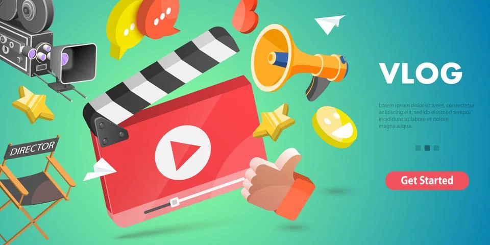 3D Isometric Flat Vector Conceptual Illustration of Vlog, Video Content Creating Stock Illustration