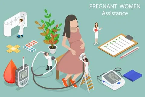 3D Isometric Flat Vector Conceptual Illustration of Pregnant Woman Assistance. Stock Illustration