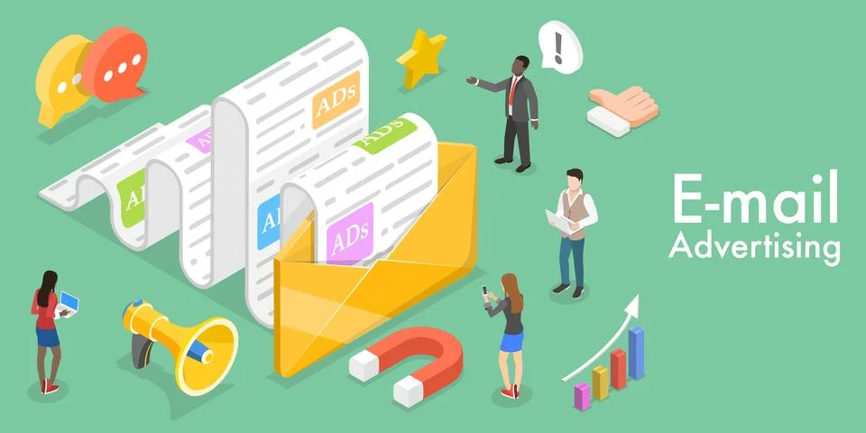 3D Isometric Flat Vector Conceptual Illustration of Mobile Email Marketing. Stock Illustration