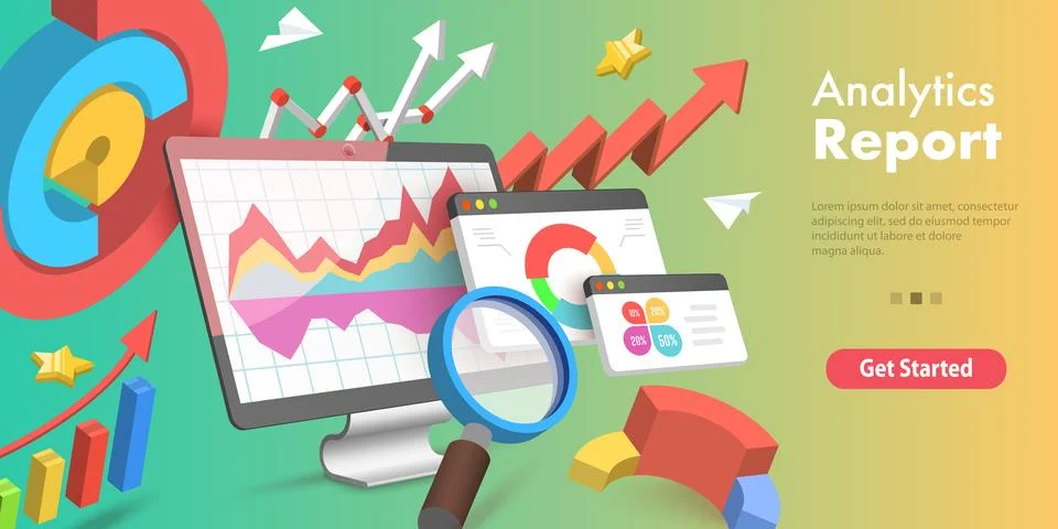 3D Isometric Flat Vector Conceptual Illustration of Analytics Business Report. Stock Illustration