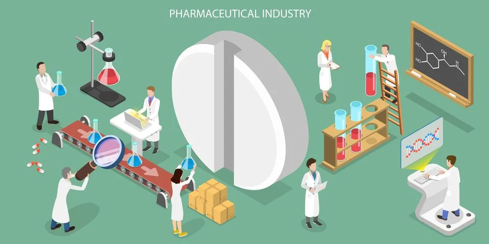 3D Isometric Flat Vector Conceptual Illustration of Pharmaceutical Industry. Stock Illustration