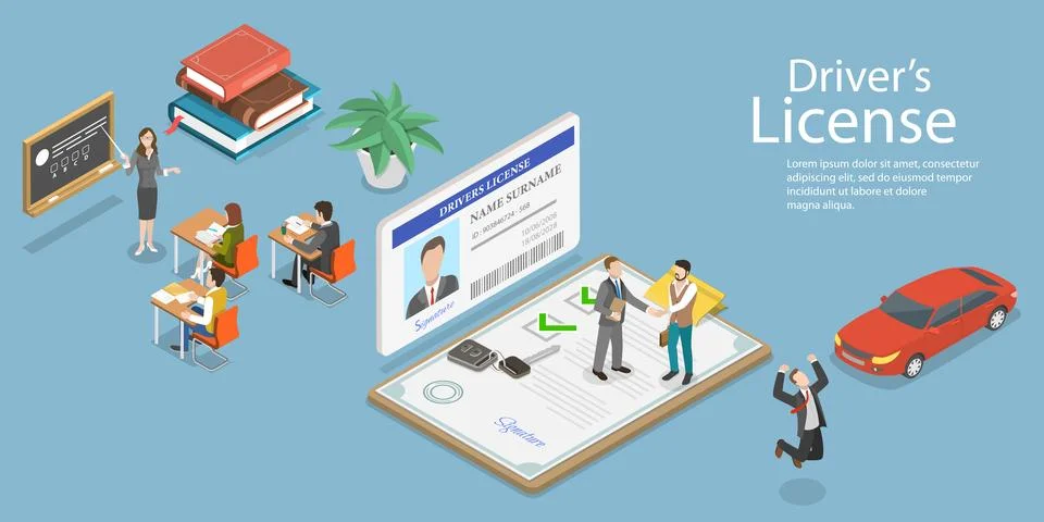 3D Isometric Flat Vector Conceptual Illustration of Driving School. Stock Illustration