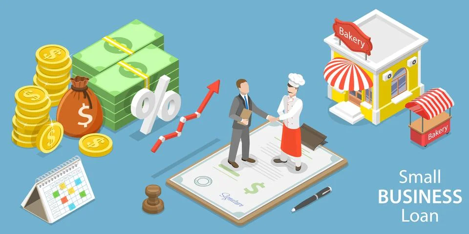 3D Isometric Flat Vector Conceptual Illustration of Small Business Loan. Stock Illustration