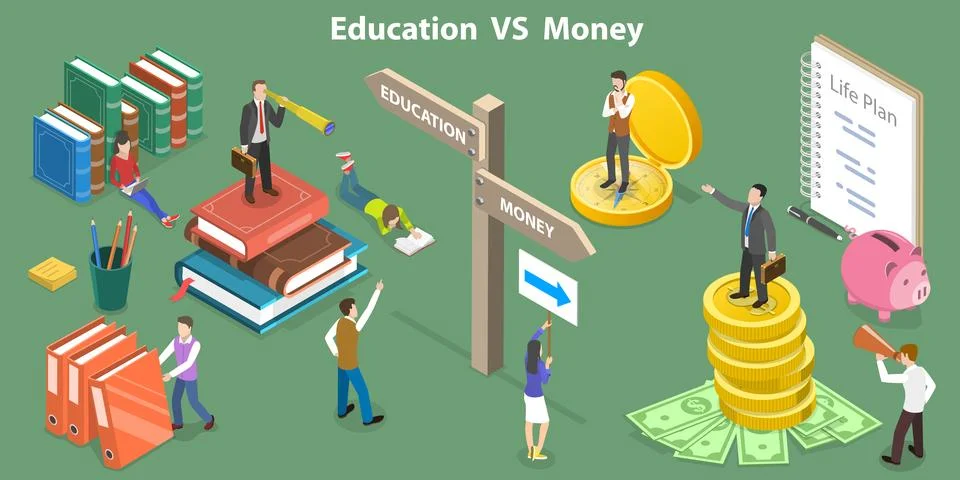 3D Isometric Flat Vector Conceptual Illustration of Education VS Money. Stock Illustration