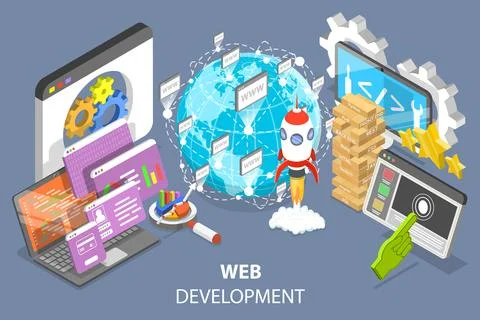 3D Isometric Flat Vector Conceptual Illustration of Web Development. Stock Illustration