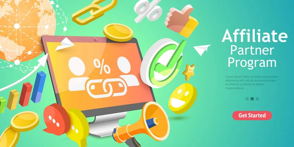 3D Isometric Flat Vector Conceptual Illustration of Affiliate Sales. Stock Illustration