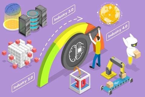 3D Isometric Flat Vector Conceptual Illustration of Transition to Industry 4.0. Stock Illustration