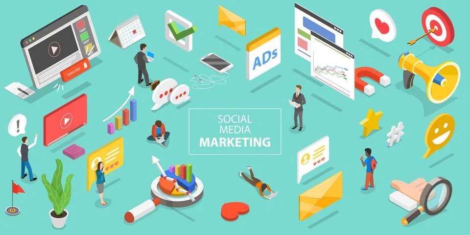 3D Isometric Flat Vector Conceptual Illustration of Social Media Marketing. Stock-Illustration