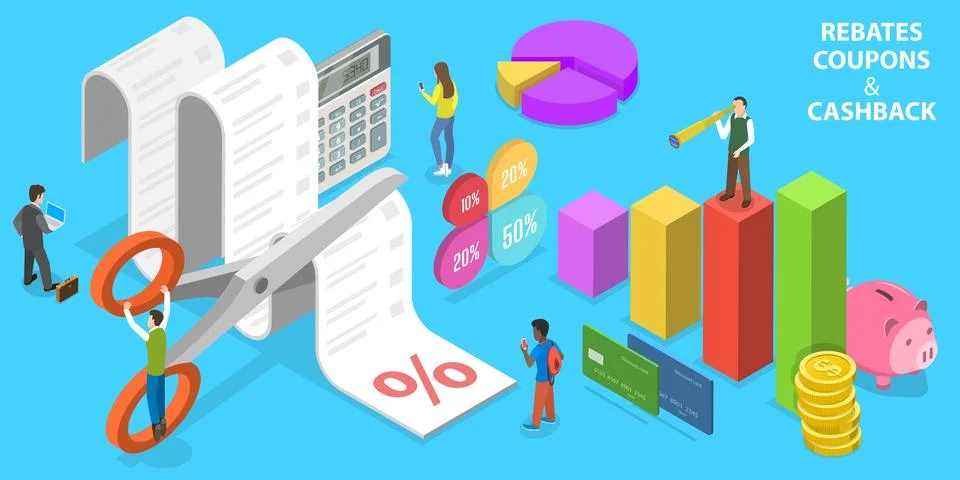 3D Isometric Flat Vector Conceptual Illustration of Rebates Coupons and Cashback Stock Illustration