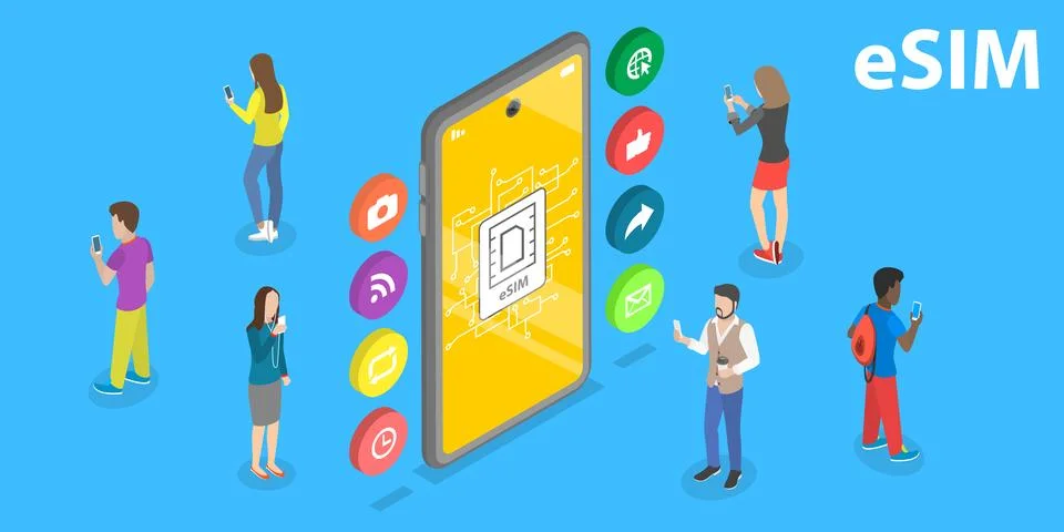 3D Isometric Flat Vector Conceptual Illustration of eSIM Card. Stock Illustration