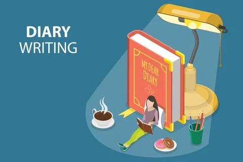 3D Isometric Flat Vector Conceptual Illustration of Diary of a Girl. Stock Illustration