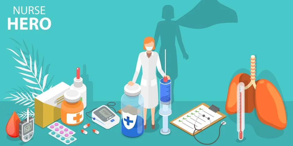 3D Isometric Flat Vector Conceptual Illustration of Nurse Hero. Stock Illustration