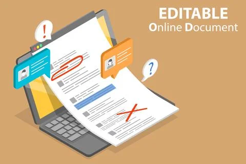 3D Isometric Flat Vector Conceptual Illustration of Editable Online Document. Stock Illustration