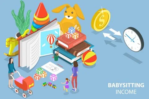 3D Isometric Flat Vector Conceptual Illustration of Babysitting Income. Stock Illustration