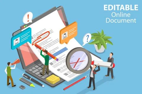 3D Isometric Flat Vector Conceptual Illustration of Editable Online Document. Stock Illustration