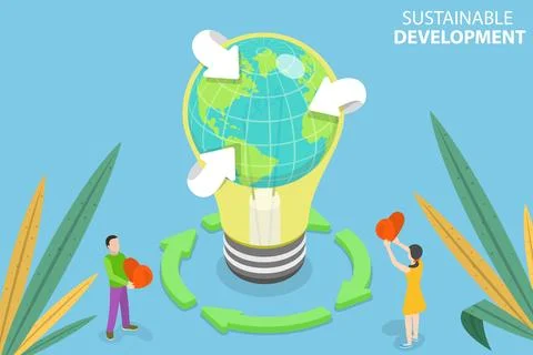 3D Isometric Flat Vector Conceptual Illustration of Sustainable Development. Illustrazione stock