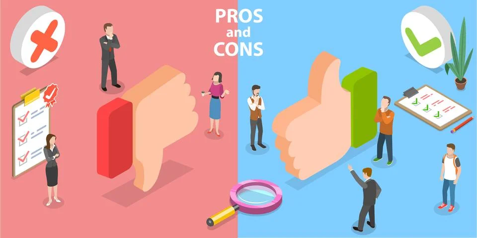 3D Isometric Flat Vector Conceptual Illustration of Pros and Cons. Stock Illustration