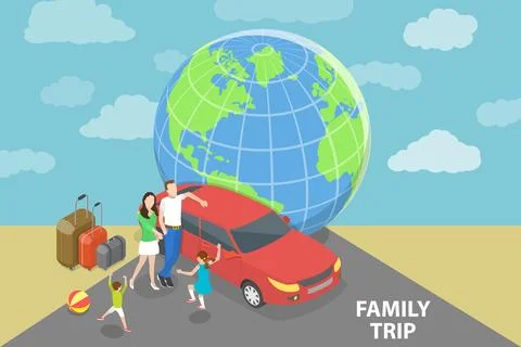 3D Isometric Flat Vector Conceptual Illustration of Car Family Trip. Stock Illustration
