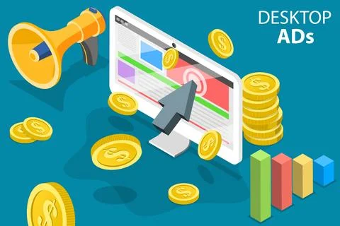 3D Isometric Flat Vector Conceptual Illustration of Desktop ADs. Stock Illustration