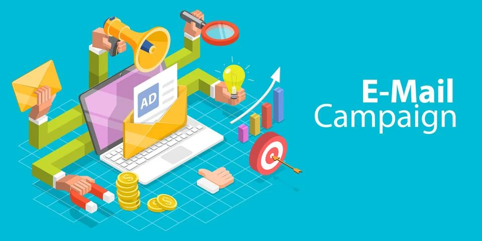 3D Isometric Flat Vector Conceptual Illustration of Email Marketing. Stock Illustration