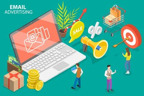 3D Isometric Flat Vector Conceptual Illustration of Email Advertising. Stock Illustration