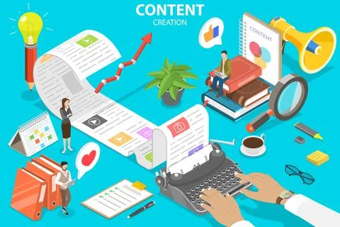 3D Isometric Flat Vector Conceptual Illustration of Engaging Content Creating. Illustrazione stock