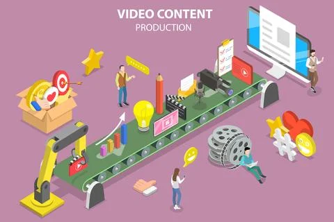 3D Isometric Flat Vector Conceptual Illustration of Video Content Production. Illustrazione stock