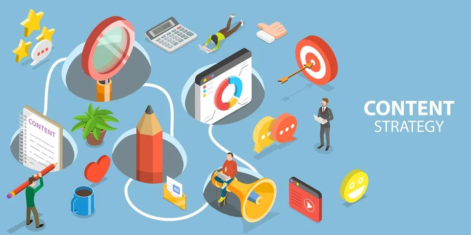 3D Isometric Flat Vector Conceptual Illustration of Digital Content Strategy. Stock Illustration