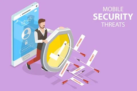 3D Isometric Flat Vector Conceptual Illustration of Mobile Security Threats. Stock Illustration