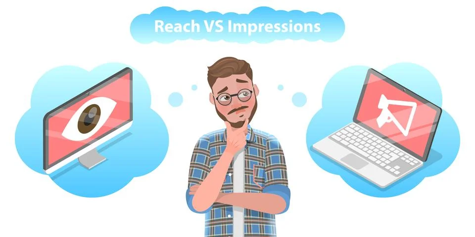 3D Isometric Flat Vector Conceptual Illustration of Reach vs Impression. Stock Illustration