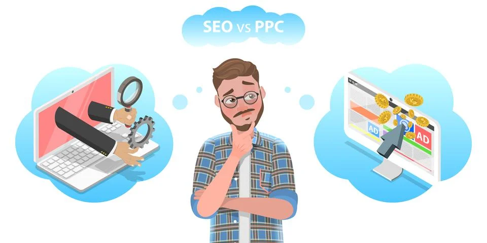 3D Isometric Flat Vector Conceptual Illustration of SEO vs PPC. Stock Illustration