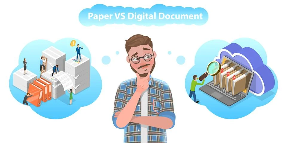 3D Isometric Flat Vector Conceptual Illustration of Paper VS Digital Documents. Stockillustratie